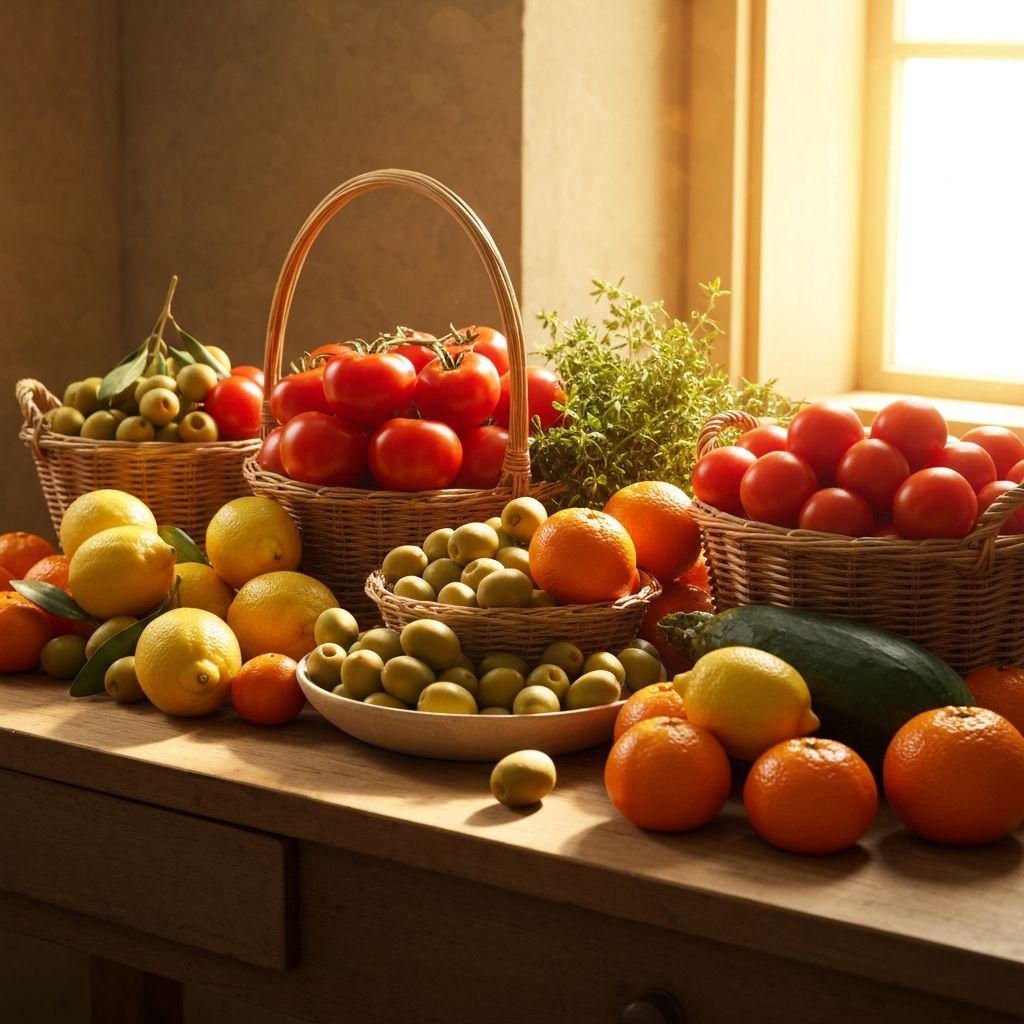 Fresh seasonal fruits and vegetables in Mediterranean setting